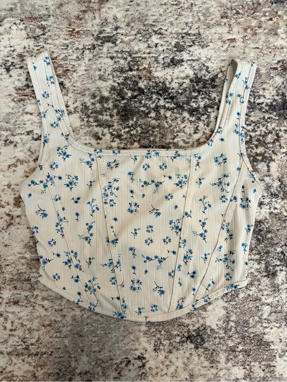 SHEIN Cream Floral Square-Neck Blue Print Crop Top